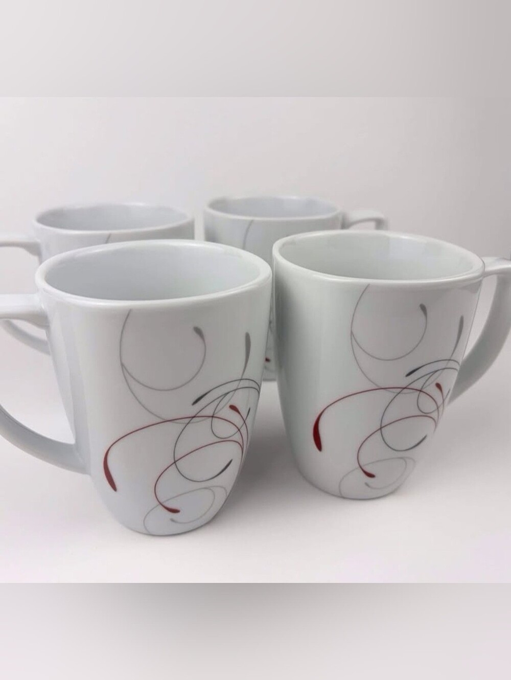 4 Corelle Square SPLENDOR 12-oz Porcelain Mugs Cups Red Gray Curled Scrolls